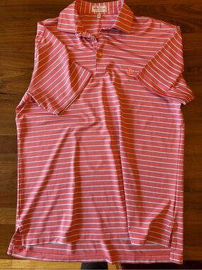 Peter Millar Coral and White Striped Polo - Men’s